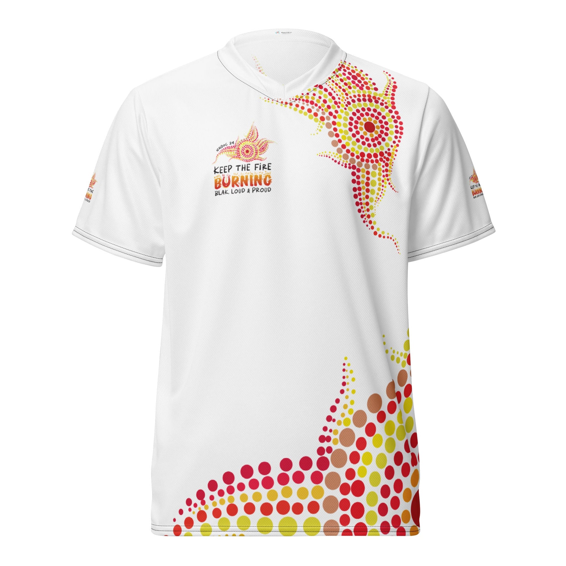 NAIDOC 2024 - Keep The Fire Burning Range 2 White Sports Jersey - Aboriginal Art by Lani