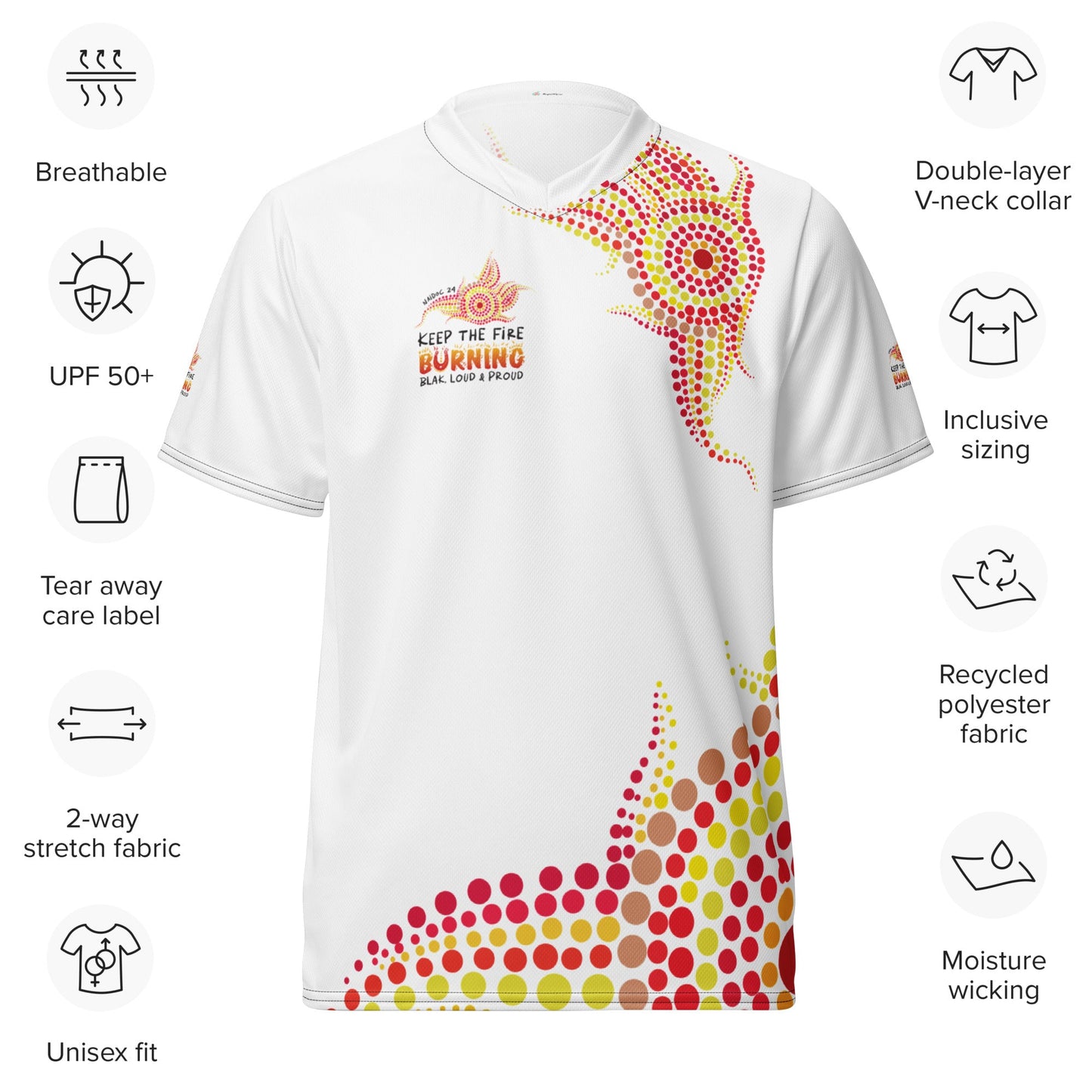 NAIDOC 2024 - Keep The Fire Burning Range 2 White Sports Jersey - Aboriginal Art by Lani