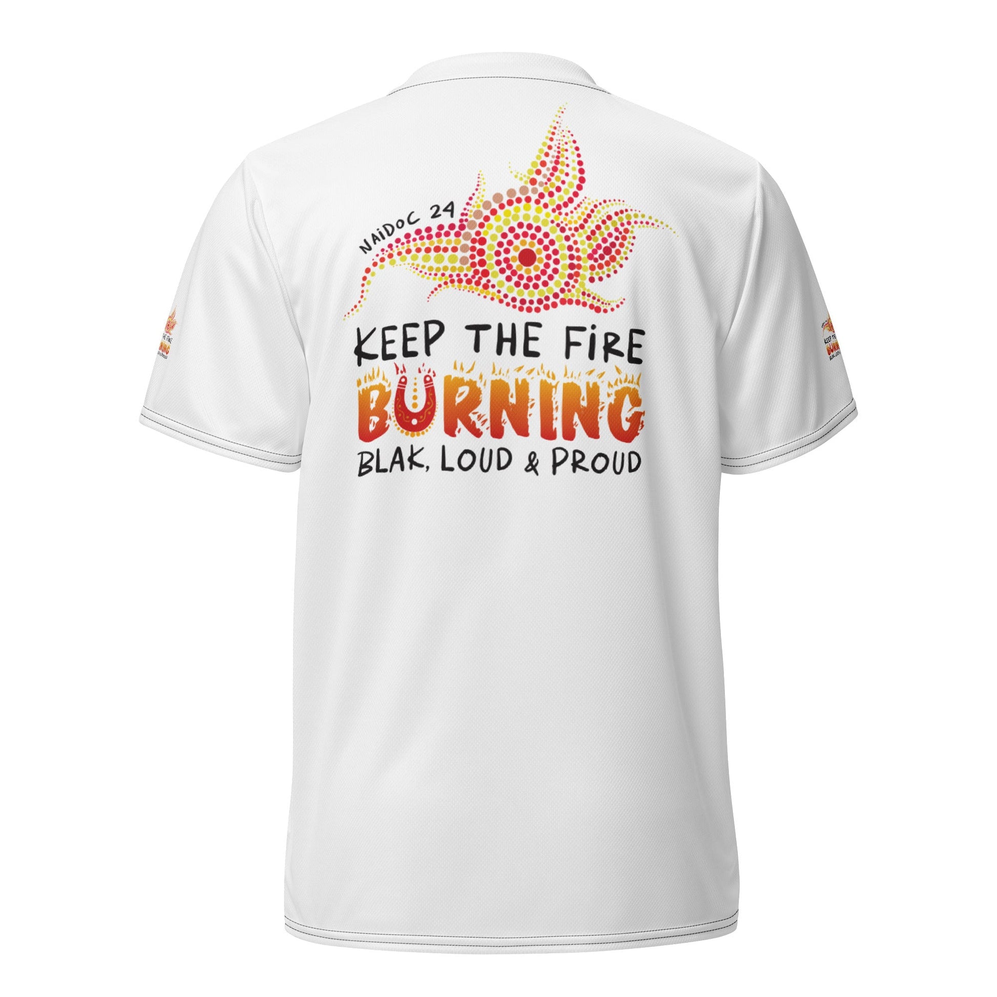 NAIDOC 2024 - Keep The Fire Burning Range 2 White Sports Jersey - Aboriginal Art by Lani